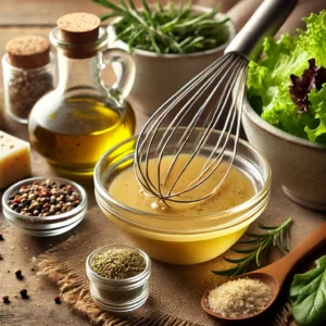 A glass bowl filled with golden salad dressing, made from nutritional yeast, olive oil, white balsamic vinegar, and dried herbs, surrounded by fresh salad greens and a whisk, displayed on a rustic wooden table with soft natural light.