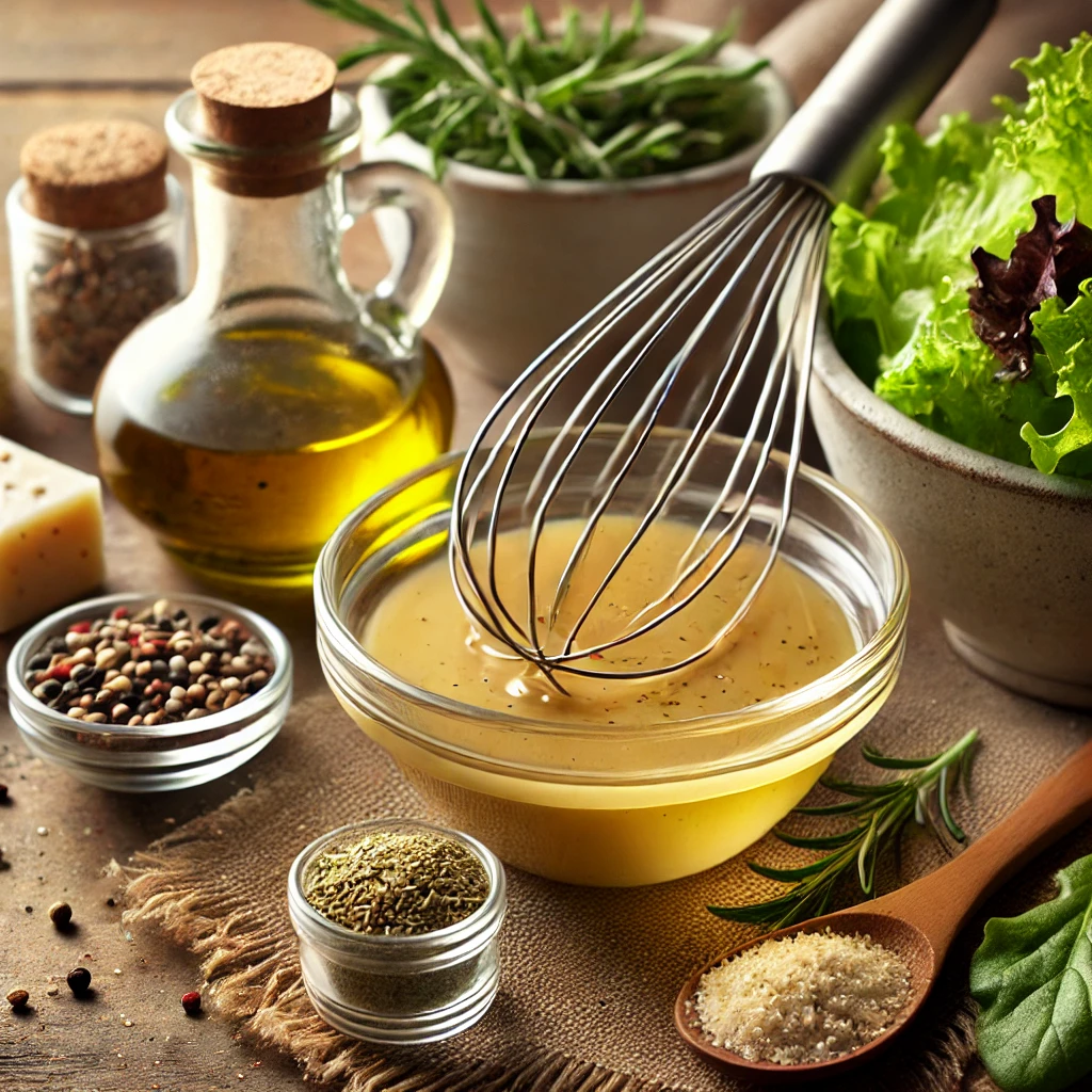 A glass bowl filled with golden salad dressing, made from nutritional yeast, olive oil, white balsamic vinegar, and dried herbs, surrounded by fresh salad greens and a whisk, displayed on a rustic wooden table with soft natural light.