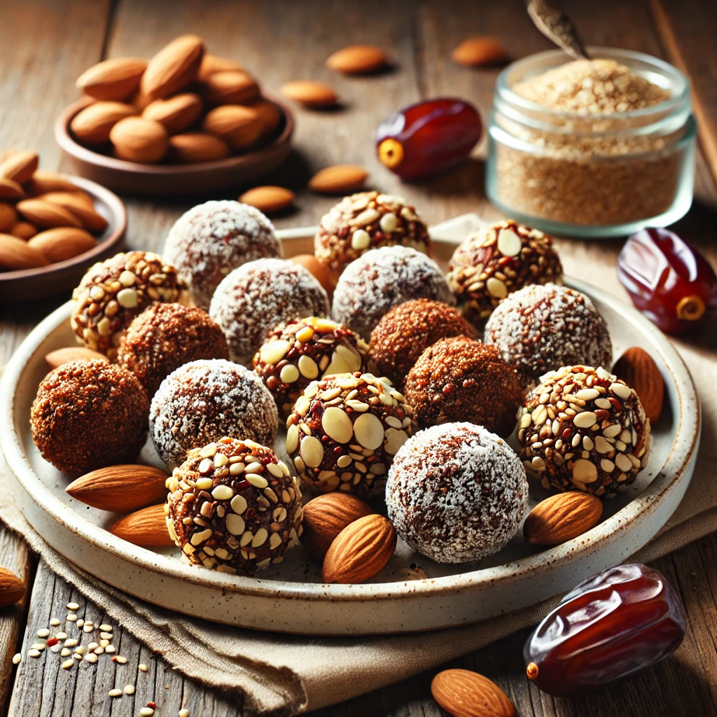 A beautifully plated batch of Quinoa Date Nut Truffles served on a rustic wooden table. The truffles are round, energy-packed bites made with blended dates, crunchy nuts, and quinoa. Some are coated in finely chopped nuts, while others have a dusting of cocoa powder or shredded coconut. Arranged on a white ceramic plate with a side of fresh dates and almonds. The warm wooden table is more visible, providing a cozy and inviting setting.