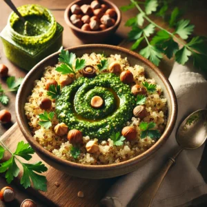 A rustic ceramic bowl of quinoa tossed with hazelnut parsley pesto, garnished with toasted hazelnuts, fresh parsley, and a drizzle of olive oil, served on a wooden table with a jar of pesto and a spoon nearby.