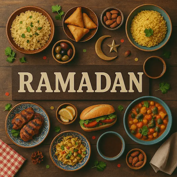 Top-down view of a rustic wooden table featuring a traditional Ramadan spread arranged around a central sign labeled RAMADAN. Includes couscous, samosas, grilled meat, chickpea stew, pasta salad, olives, almonds, lemon wedges, and a sandwich, all served in warm-toned ceramic and wooden bowls with a crescent moon and star decoration adding a festive touch.