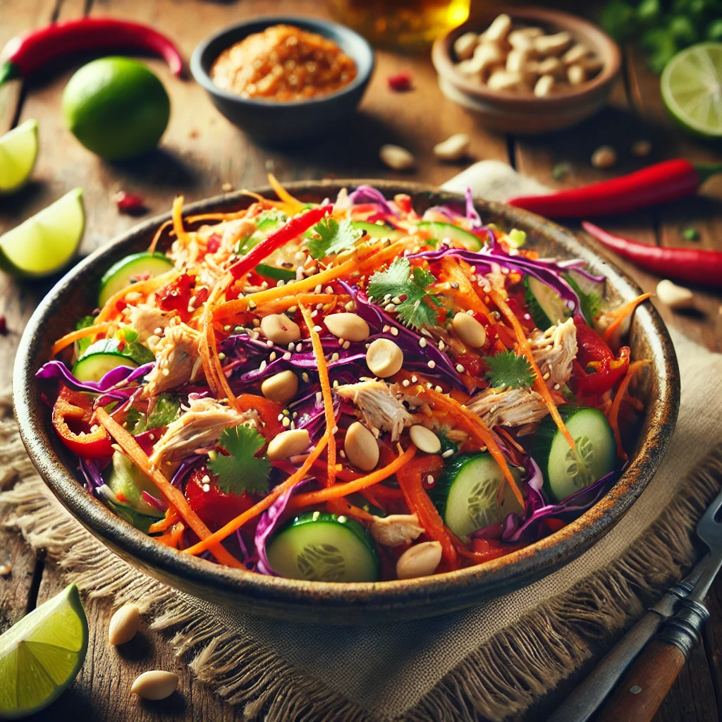 Shredded chicken tossed with red cabbage, carrots, bell peppers, and cucumbers, coated in a tangy peanut dressing, and garnished with crushed peanuts, cilantro, and sesame seeds.