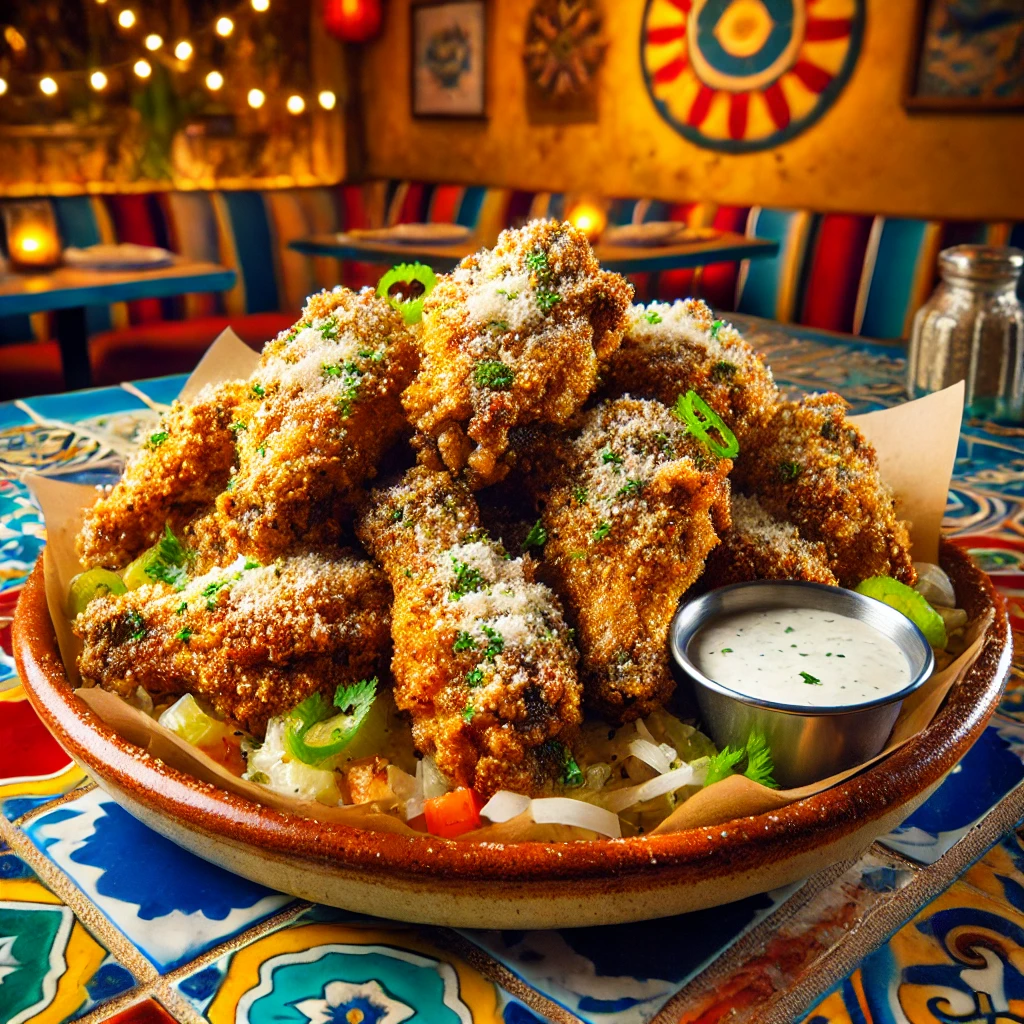 Crispy Ranch Parmesan chicken wings with dipping sauce, served in a vibrant Mexican-inspired setting.