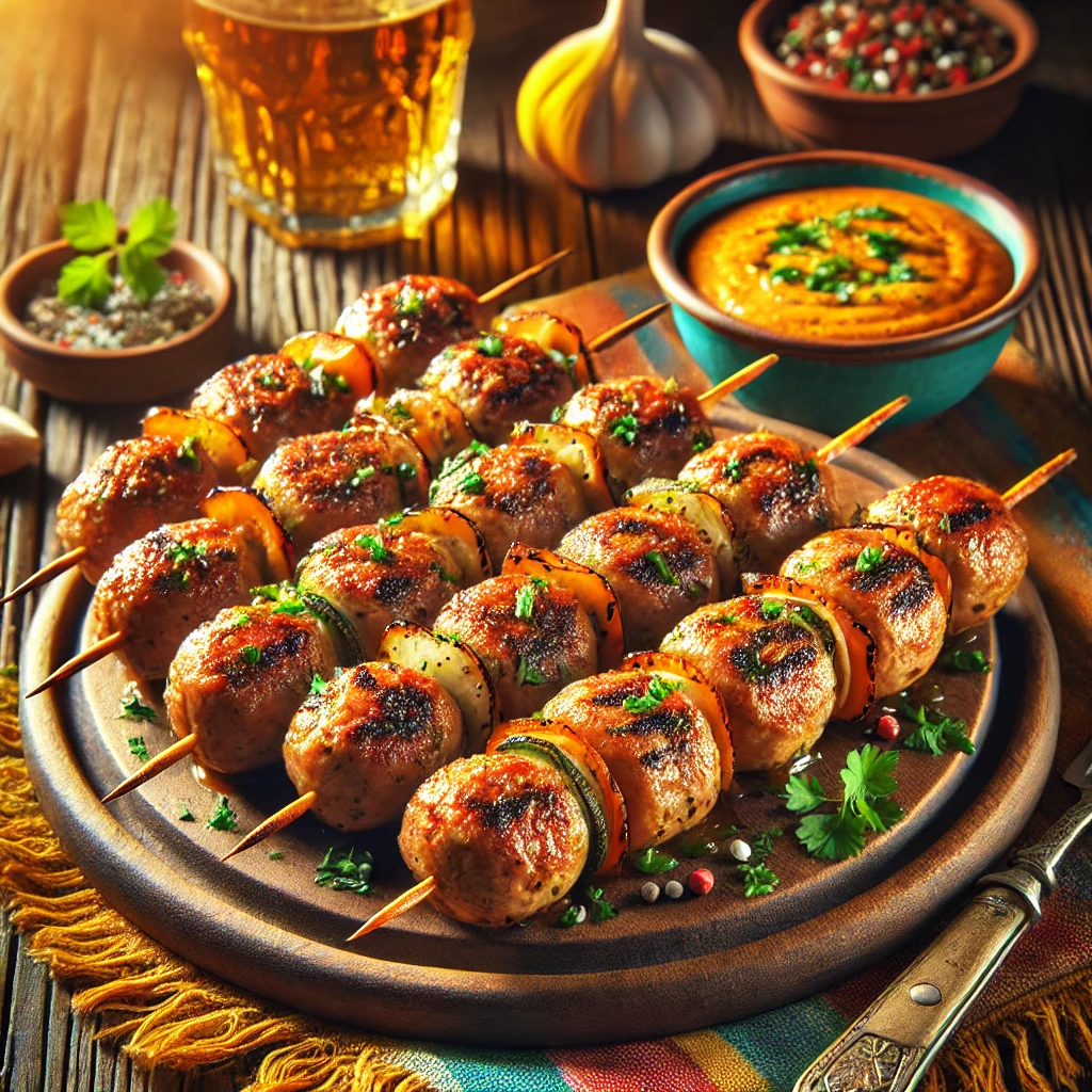 Golden-brown Ranchero pork kebabs shaped around flat skewers, slightly charred, and made with ground pork, onion, garlic, and crushed ranch-flavored tortilla chips. The kebabs are served on a rustic wooden platter, garnished with fresh herbs, with a small bowl of dipping sauce nearby. Warm natural lighting highlights the textures and inviting golden tones of the kebabs.