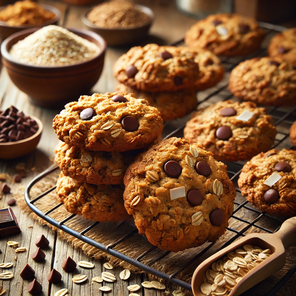 A batch of freshly baked Ranger Cookies with a golden-brown color and a chewy, textured surface. The cookies are packed with oats, coconut flakes, crispy rice cereal, and chocolate chips. Some are stacked, while others cool on a wire rack. They are arranged on a rustic wooden table, accompanied by a small bowl of chocolate chips, a sprinkle of oats, and a wooden spoon. Warm, natural lighting enhances the cozy, homemade feel.