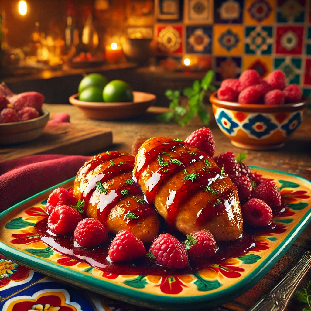 Raspberry glazed chicken with fresh raspberries and herbs, served on a vibrant Mexican-style plate.