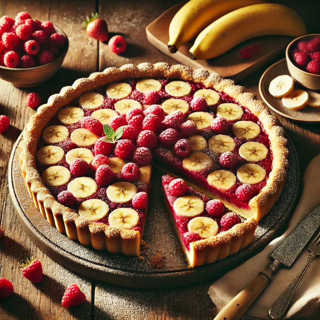 A rustic presentation of raspberry and banana pie, elegantly arranged on a wooden table. The pie has a golden, flaky crust filled with layers of fresh banana slices and juicy raspberries, topped with a light dusting of powdered sugar. A few slices are cut and placed on small plates, showing the vibrant fruit filling. A wooden cutting board holds the remaining pie, with scattered raspberries and banana slices around. Warm, natural lighting enhances the fresh and inviting feel, with gentle shadows and a hint of greenery in the background.