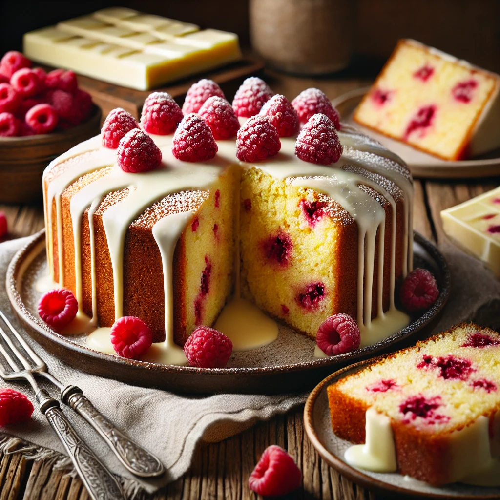 Raspberry & White Chocolate Sponge served on a rustic wooden table, golden brown with baked-in raspberries and a drizzle of melted white chocolate on top. The cake is sliced, revealing its moist texture and vibrant raspberry filling, styled with fresh raspberries, a block of white chocolate, and a linen napkin. Soft natural lighting enhances the dessert's warm and inviting appearance.