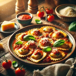 Ravioli Marinara on a rustic ceramic plate, featuring cheese-filled ravioli in a rich marinara sauce with tomatoes, garlic, and herbs. Garnished with Parmesan and basil, set on a wooden table with a bowl of Parmesan and a glass of red wine in the softly blurred background.