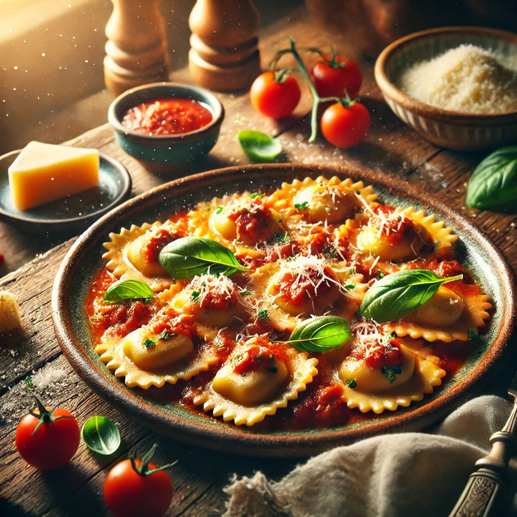 Ravioli Marinara on a rustic ceramic plate, featuring cheese-filled ravioli in a rich marinara sauce with tomatoes, garlic, and herbs. Garnished with Parmesan and basil, set on a wooden table with a bowl of Parmesan and a glass of red wine in the softly blurred background.