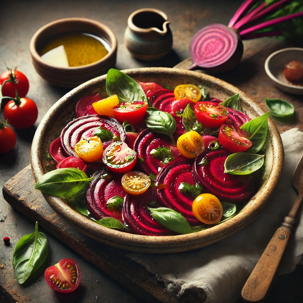 A fresh and vibrant Raw Beetroot Salad served in a rustic ceramic bowl, featuring thinly sliced ruby-red and golden beets, drizzled with a horseradish-infused olive oil dressing. Juicy baby tomatoes and torn fresh basil leaves add a burst of color and freshness. The bowl sits on a rustic wooden table, accompanied by a small dish of dressing, a wooden spoon, and a linen napkin. Warm, natural lighting enhances the inviting, homemade feel.