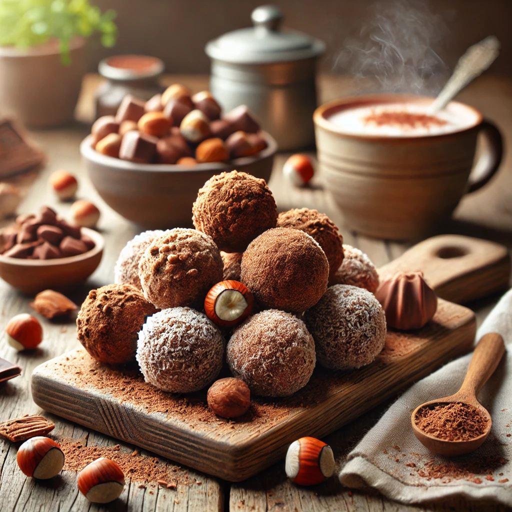 A rustic presentation of raw hazelnut chocolate truffles on a wooden table. The truffles have a handmade texture and are coated in crushed hazelnuts, cocoa powder, and shredded coconut. They are arranged on a wooden cutting board, with whole and chopped hazelnuts scattered around. A steaming cup of hot cocoa sits in the background, adding a cozy café vibe. Soft natural lighting enhances the warmth of the scene, with gentle shadows and a hint of greenery for freshness.