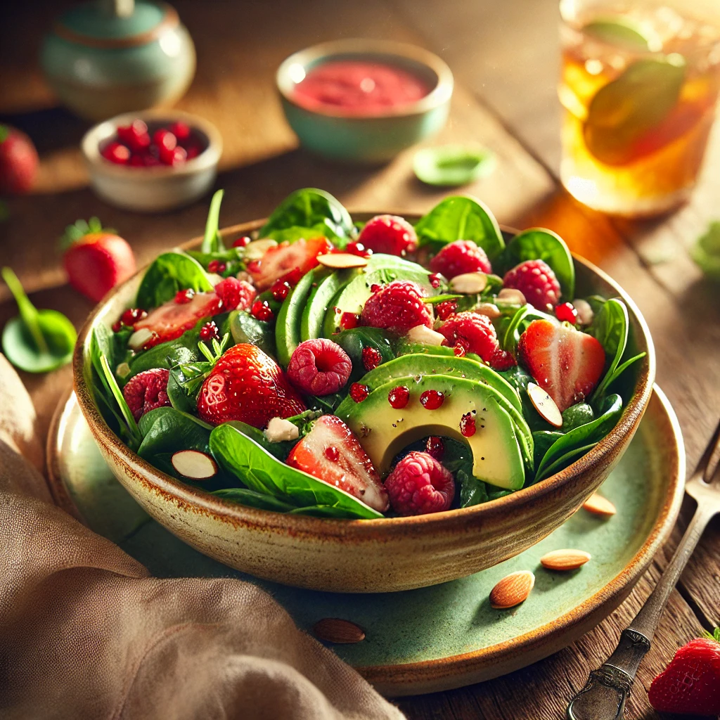 ed Berry & Avocado Spinach Salad in a rustic ceramic bowl, featuring baby spinach, sliced strawberries, raspberries, avocado, and crumbled feta cheese. Drizzled with strawberry poppy seed dressing and garnished with toasted almonds, set on a wooden table with extra dressing and a glass of iced herbal tea in the softly blurred background.