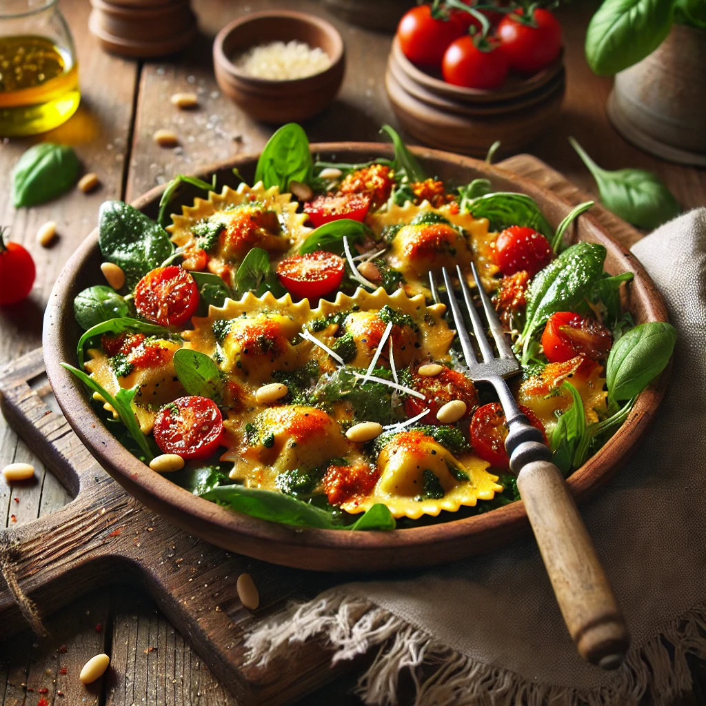 A bowl of red pepper pesto ravioli salad with cheese-filled ravioli, cherry tomatoes, arugula, and shaved Parmesan tossed in a vibrant red pepper pesto sauce on a rustic wooden table. Garnished with toasted pine nuts, fresh basil, and a drizzle of olive oil, with a serving fork lifting a ravioli. A cozy napkin and wooden plate enhance the warm, inviting atmosphere.
