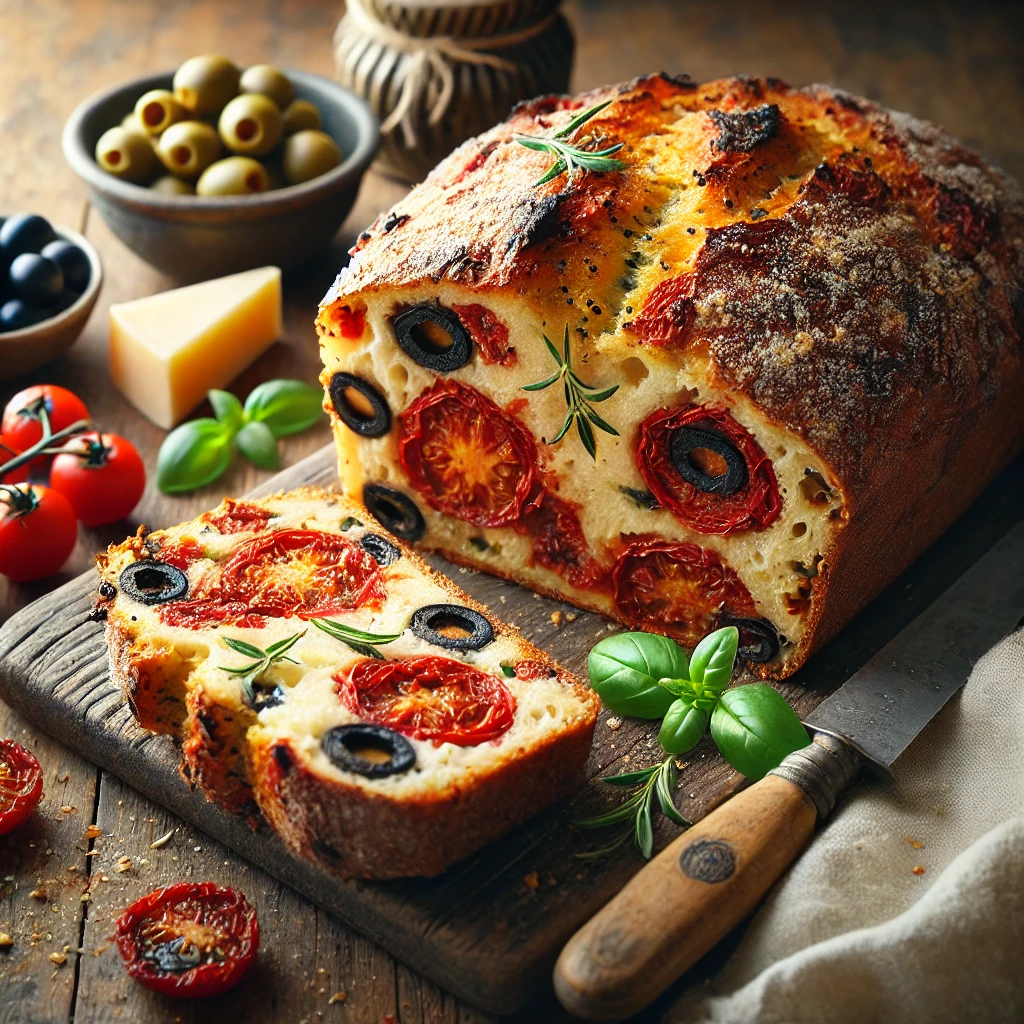 A freshly baked Red Tomato and Black Olive Bread with a golden, crusty exterior and a soft, savory interior filled with oven-dried tomatoes, black olives, and Parmesan. The bread is sliced to reveal its rich texture and flavorful mix-ins. It sits on a rustic wooden table, accompanied by a small dish of olives, fresh basil, and a linen napkin. Warm, natural lighting enhances the inviting colors and textures.