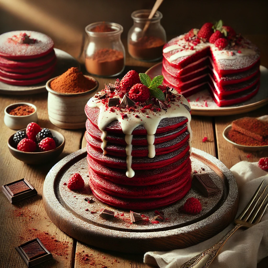 A rustic presentation of red velvet pancakes, elegantly arranged on a wooden table. The pancakes are deep red, stacked high, and topped with a drizzle of cream cheese glaze. A dusting of powdered sugar and chocolate shavings adds extra richness. A few pancakes are plated individually, while others rest on a wooden cutting board. Scattered around are cocoa powder, fresh berries, and a small dish of extra glaze. Soft natural lighting enhances the warm and indulgent feel, with gentle shadows and a hint of rustic kitchen charm in the background.