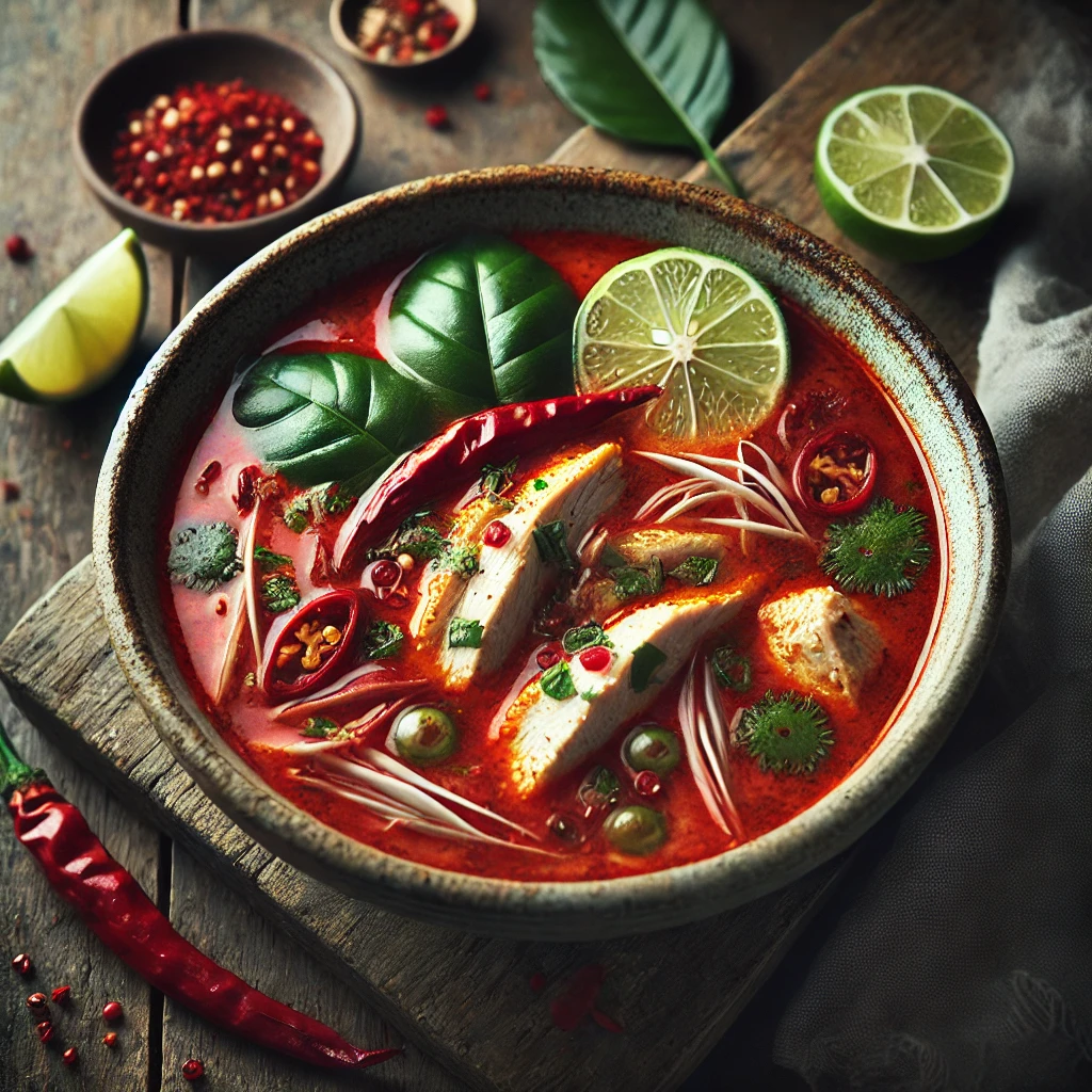 A beautifully plated bowl of Red Chicken & Coconut Broth, featuring a rich, aromatic broth with a deep red hue, infused with coconut milk, lemongrass, and chili. The soup is filled with tender chicken pieces, thinly sliced red bell peppers, and fresh Thai basil leaves. It is served in a rustic ceramic bowl, garnished with a drizzle of coconut cream, lime wedges, and a sprinkle of red chili flakes. The bowl rests on a wooden table with soft, natural lighting enhancing the warm and inviting presentation.