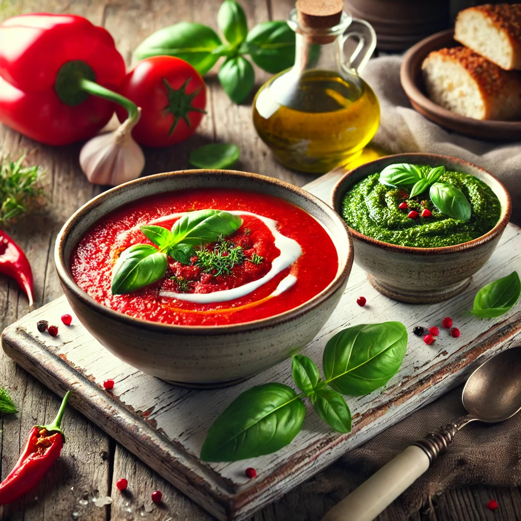 A bowl of deep red pepper soup garnished with a drizzle of cream and fresh basil leaves, served alongside a rich green pesto stifato in a small dish. The rustic wooden table is decorated with fresh red peppers, basil leaves, rustic bread, and a drizzle of olive oil, bathed in soft natural light for a fresh and inviting atmosphere.