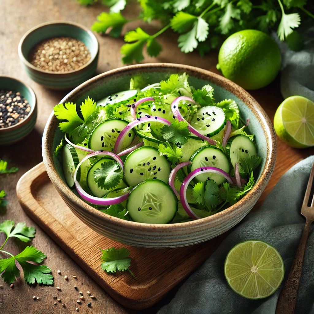 Refreshing cilantro cucumber salad with thinly sliced cucumbers, red onions, and cilantro, tossed in lime vinaigrette, garnished with black sesame seeds and lime wedges, served in a rustic bowl on a wooden table.