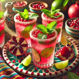 Tall glasses of pomegranate mojito mocktail with a vibrant pink-red color, garnished with fresh mint leaves, pomegranate seeds, and lime wedges. The glasses are arranged on a festive Mexican-style ceramic tray, surrounded by colorful textiles and pottery accents. Bright natural lighting highlights the refreshing colors and inviting details, creating a lively, festive atmosphere.