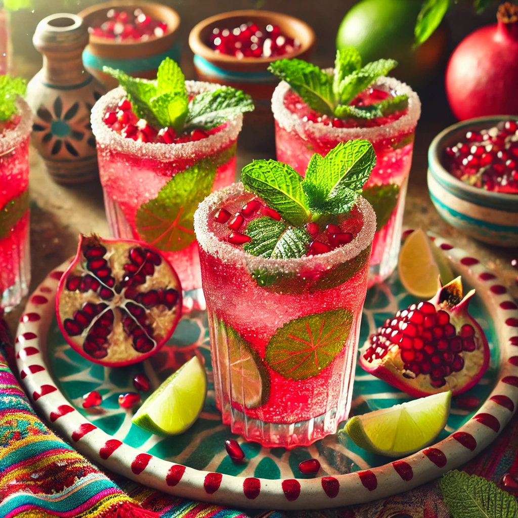 Tall glasses of pomegranate mojito mocktail with a vibrant pink-red color, garnished with fresh mint leaves, pomegranate seeds, and lime wedges. The glasses are arranged on a festive Mexican-style ceramic tray, surrounded by colorful textiles and pottery accents. Bright natural lighting highlights the refreshing colors and inviting details, creating a lively, festive atmosphere.