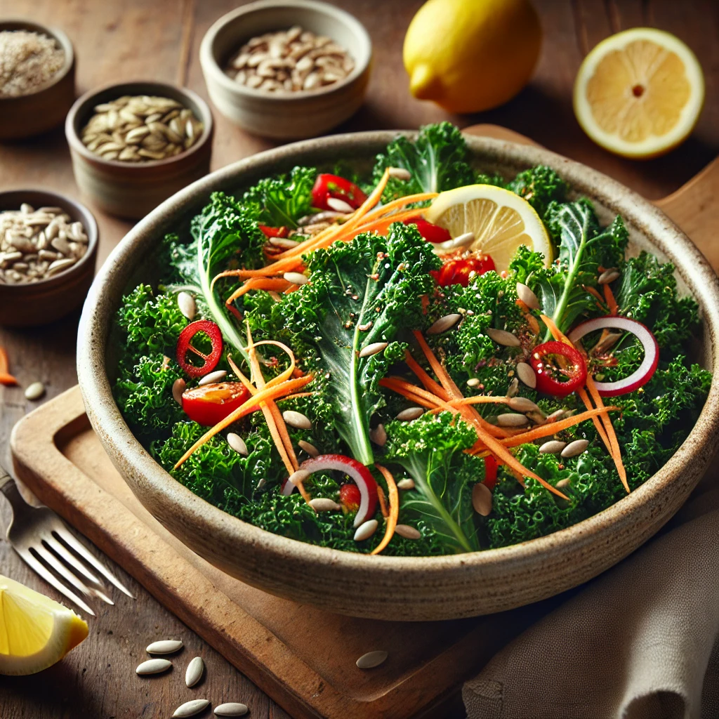 Refreshing raw kale salad with tender kale, shredded carrots, red bell peppers, and red onions, garnished with sunflower seeds and nutritional yeast, served in a rustic bowl on a wooden table with lemon slices.