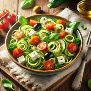 Ultra-sharp image of a zucchini pasta salad with spiralized zucchini noodles, cherry tomatoes, cucumbers, olives, and feta cubes. Tossed with basil and parsley, drizzled with olive oil. Served in a ceramic bowl on a clearly visible rustic wooden dining table with fork and linen napkin, captured in bright natural light for a crisp, fresh summer look.