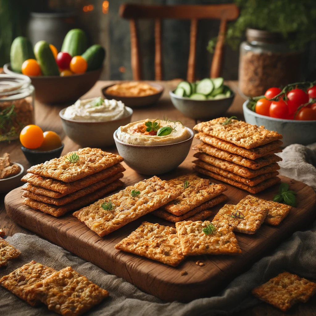 Relish-infused oat crackers, golden-brown and crispy, served on a wooden board with cheese spread, hummus, cucumber slices, and cherry tomatoes in a rustic, cozy setting.