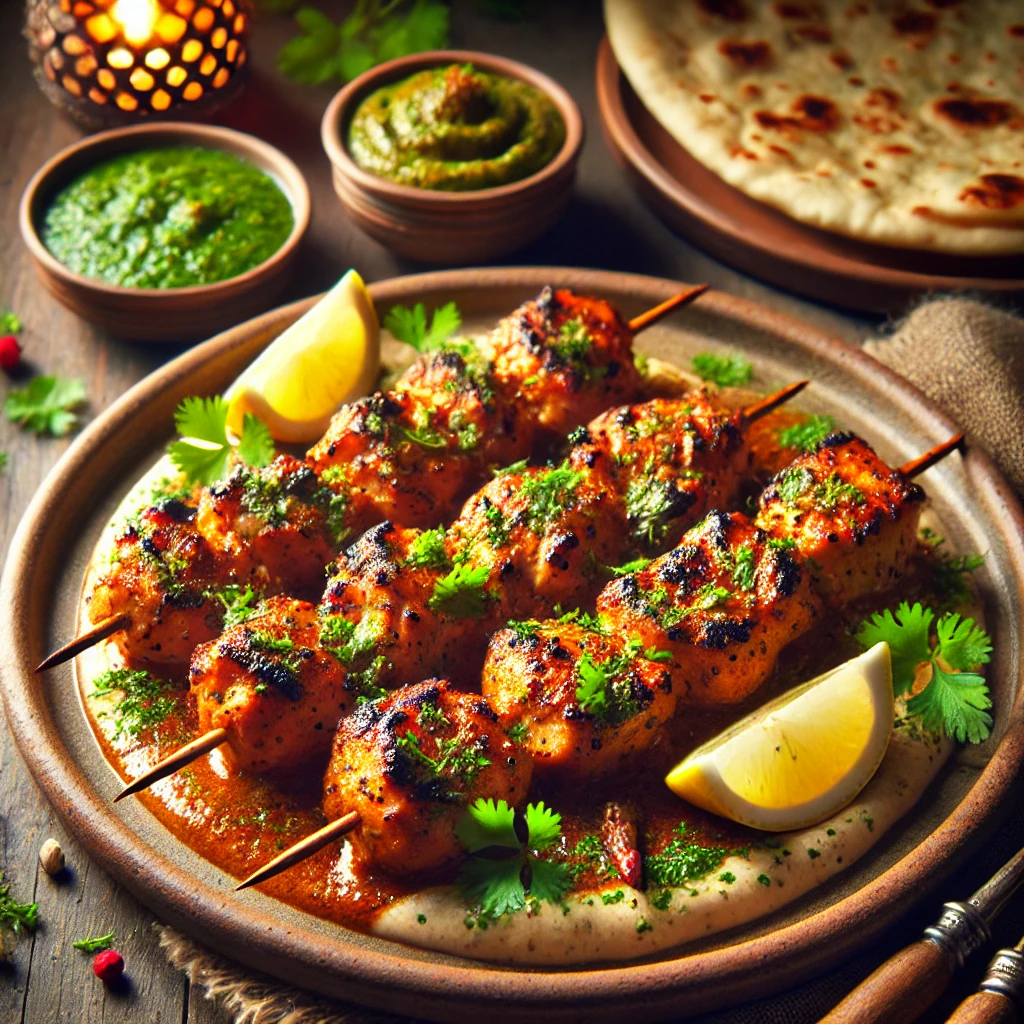 A beautifully plated dish of Reshmi Tikka Kebab, featuring tender, boneless chicken pieces marinated in a rich, creamy yogurt sauce infused with aromatic spices. The chicken is grilled to perfection, with a slight char on the edges. Garnished with fresh coriander and lemon wedges, the kebabs are served on a rustic ceramic plate. Accompanied by a side of mint chutney and warm naan, the plate rests on a wooden table, with soft, warm lighting enhancing the inviting and flavorful presentation.