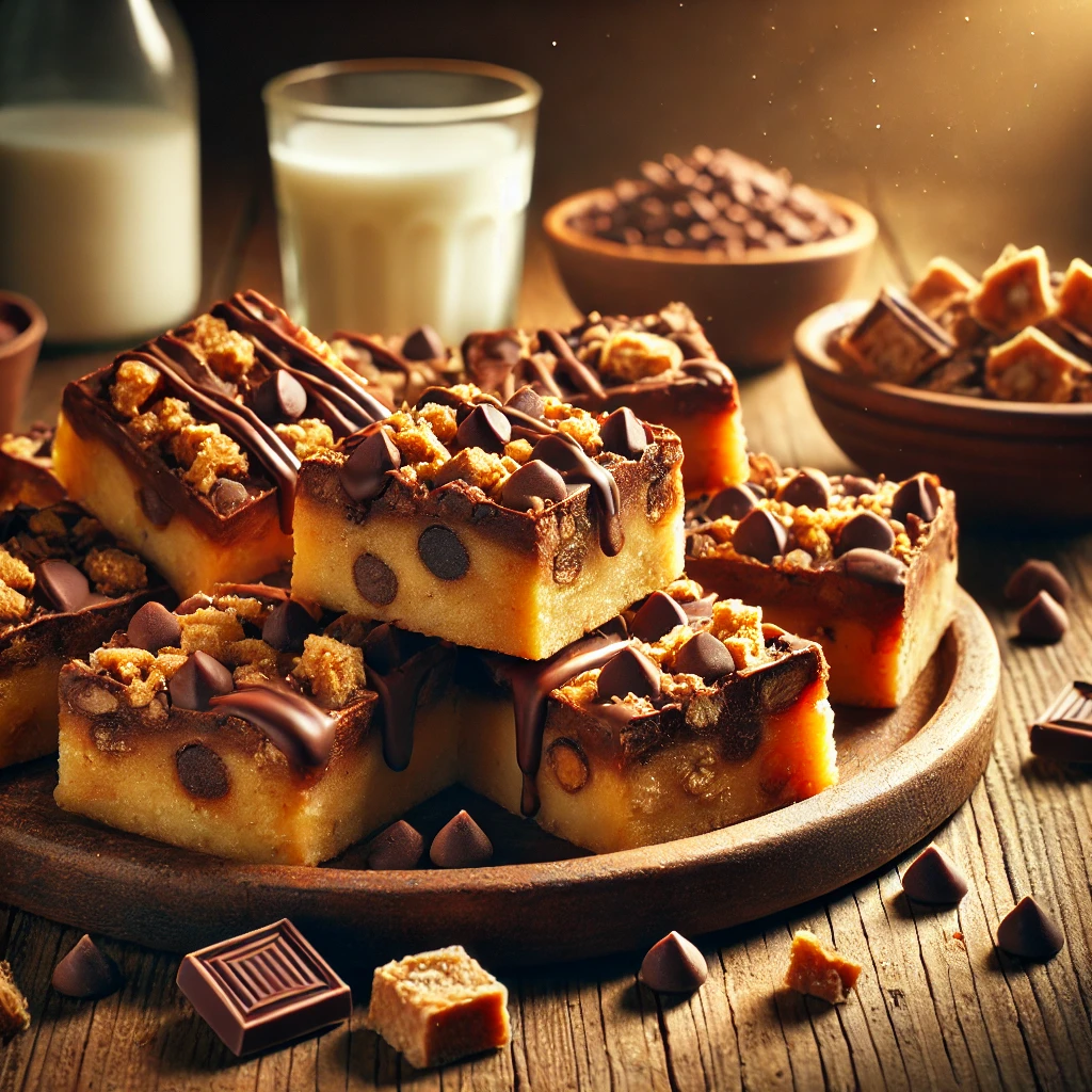 Rich Chocolate Chip Toffee Bars on a rustic wooden platter, featuring golden-brown bars loaded with melted chocolate chips and crunchy toffee bits. Lightly drizzled with chocolate and sprinkled with extra toffee bits, set on a wooden table with a glass of milk and a bowl of extra chocolate chips in the softly blurred background.