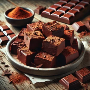 A plate of rich cocoa fudge on a rustic wooden table, featuring deep, dark chocolate-colored fudge with a smooth, dense texture. Some pieces are cut to reveal the creamy interior, while others are lightly dusted with cocoa powder or drizzled with melted chocolate. Scattered chocolate shavings and cocoa powder add to the indulgent presentation. Soft natural lighting enhances the deep, rich chocolate tones.