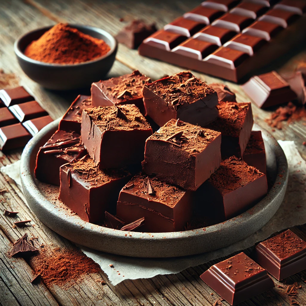 A plate of rich cocoa fudge on a rustic wooden table, featuring deep, dark chocolate-colored fudge with a smooth, dense texture. Some pieces are cut to reveal the creamy interior, while others are lightly dusted with cocoa powder or drizzled with melted chocolate. Scattered chocolate shavings and cocoa powder add to the indulgent presentation. Soft natural lighting enhances the deep, rich chocolate tones.