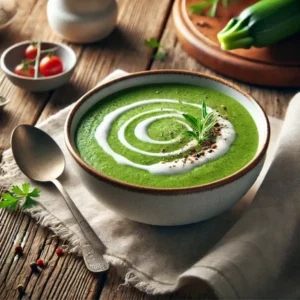 Ultra-sharp image of velvety smooth light green zucchini soup, topped with a drizzle of cream and fresh herbs. Served in a white ceramic bowl on a rustic wooden dining table with a spoon and linen napkin, captured in bright natural light.