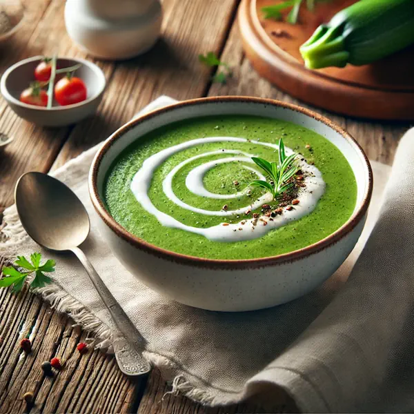 Ultra-sharp image of velvety smooth light green zucchini soup, topped with a drizzle of cream and fresh herbs. Served in a white ceramic bowl on a rustic wooden dining table with a spoon and linen napkin, captured in bright natural light.