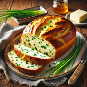 A beautifully plated Ricotta and Chive Loaf served on a rustic wooden table. The dish features a golden-brown, freshly baked loaf infused with creamy ricotta cheese and finely chopped chives. The loaf has a soft, fluffy interior and a slightly crisp crust. Sliced and arranged on a white ceramic plate, garnished with fresh chives. Served with a side of butter and a small dish of honey. The warm wooden table is more visible, providing a cozy and inviting setting.