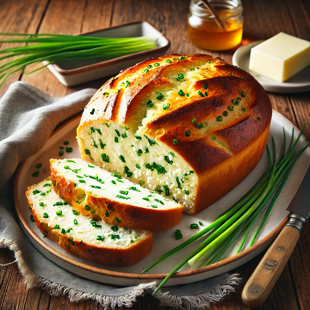 A beautifully plated Ricotta and Chive Loaf served on a rustic wooden table. The dish features a golden-brown, freshly baked loaf infused with creamy ricotta cheese and finely chopped chives. The loaf has a soft, fluffy interior and a slightly crisp crust. Sliced and arranged on a white ceramic plate, garnished with fresh chives. Served with a side of butter and a small dish of honey. The warm wooden table is more visible, providing a cozy and inviting setting.