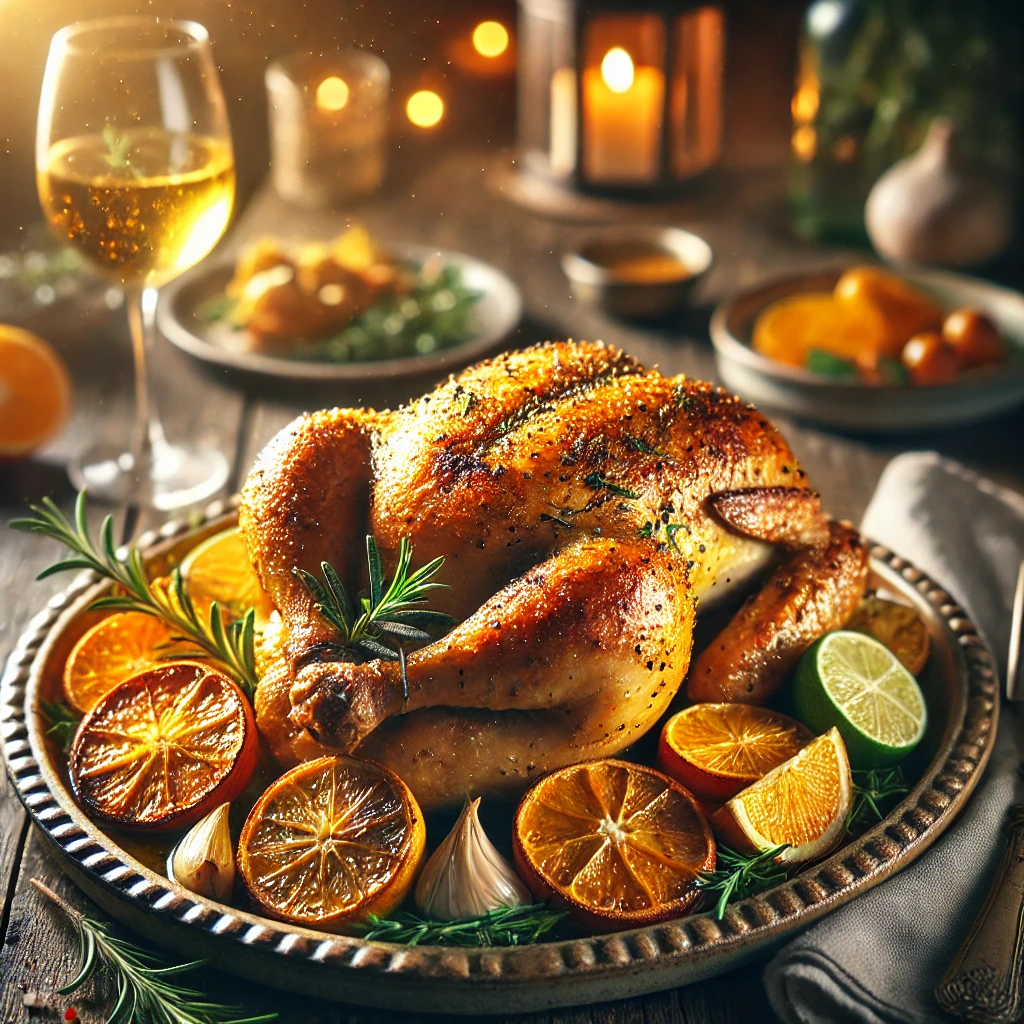 Roast Citrus Chicken on a rustic ceramic platter, featuring a whole roasted chicken with crispy golden skin infused with orange, lemon, and lime juices, garlic, and herbs. Garnished with citrus slices and rosemary, set on a wooden table with roasted vegetables and a glass of white wine in the softly blurred background.