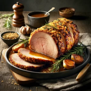 A roast pork loin with a golden crumb crust, sliced to reveal its juicy interior, garnished with fresh rosemary sprigs and roasted garlic cloves on a rustic wooden table. A drizzle of rich gravy enhances the dish, with a cozy napkin and wooden cutting board adding to the warm, homey atmosphere.