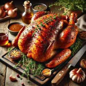 A rustic presentation of roast turkey with fresh thyme rub and maple glaze, elegantly arranged on a wooden table. The turkey is golden brown with crispy, glistening skin, infused with fresh thyme and coated in a rich maple glaze. It is garnished with sprigs of thyme, roasted garlic cloves, and caramelized onions. A carving knife rests beside the turkey, with a few slices cut to reveal the juicy, tender meat. Scattered around are whole roasted vegetables, a small dish of extra glaze, and rustic wooden elements. Soft natural lighting enhances the warm and inviting feel, with gentle shadows and a hint of holiday charm in the background.
