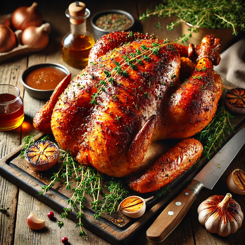 A rustic presentation of roast turkey with fresh thyme rub and maple glaze, elegantly arranged on a wooden table. The turkey is golden brown with crispy, glistening skin, infused with fresh thyme and coated in a rich maple glaze. It is garnished with sprigs of thyme, roasted garlic cloves, and caramelized onions. A carving knife rests beside the turkey, with a few slices cut to reveal the juicy, tender meat. Scattered around are whole roasted vegetables, a small dish of extra glaze, and rustic wooden elements. Soft natural lighting enhances the warm and inviting feel, with gentle shadows and a hint of holiday charm in the background.