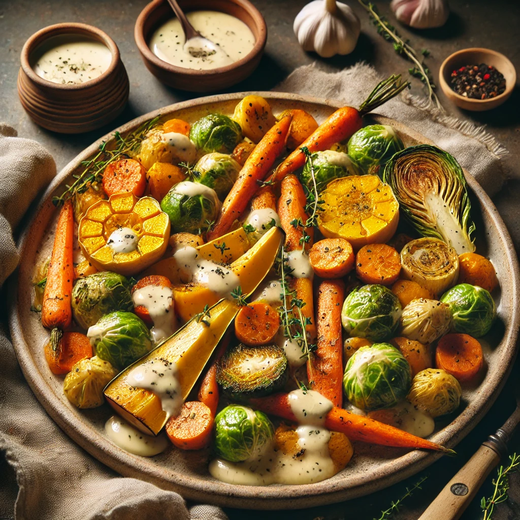 A rustic ceramic platter with roasted butternut squash, carrots, parsnips, and Brussels sprouts, drizzled with creamy garlic sauce and garnished with thyme, set on a wooden table with a bowl of garlic sauce and a linen napkin in the background.