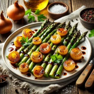 Ultra-sharp image of tender asparagus and caramelized pearl onions glazed with balsamic vinegar, garnished with parsley and cracked pepper. Served on a ceramic platter on a rustic wooden dining table with linen napkin, captured in bright natural light.