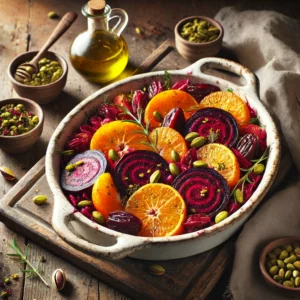 A vibrant Beetroot and Orange Salad served in a rustic baking dish, featuring roasted beetroot quarters, bright orange segments, toasted pistachios, and chopped dates. The dish is garnished with fennel seeds, dried marjoram, and a drizzle of olive oil, placed on a weathered wooden table styled with a linen napkin and a small bowl of pistachios, bathed in soft natural light
