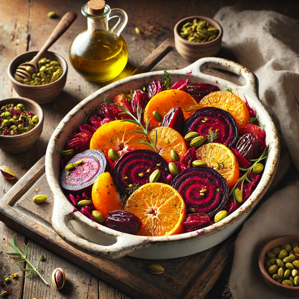 A vibrant Beetroot and Orange Salad served in a rustic baking dish, featuring roasted beetroot quarters, bright orange segments, toasted pistachios, and chopped dates. The dish is garnished with fennel seeds, dried marjoram, and a drizzle of olive oil, placed on a weathered wooden table styled with a linen napkin and a small bowl of pistachios, bathed in soft natural light