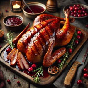 A rustic presentation of roasted brined duck with cranberry-chipotle glaze, elegantly arranged on a wooden table. The duck is golden brown with a crispy, glistening skin, sliced to reveal tender, juicy meat. A rich cranberry-chipotle glaze is drizzled over the top, adding a deep red hue. The dish is garnished with fresh rosemary sprigs, whole cranberries, and thin slices of oranges for a festive touch. A carving knife rests beside the duck, with a small dish of extra glaze nearby. Scattered around are rustic wooden elements and subtle holiday decorations. Soft natural lighting enhances the warm and inviting feel, with gentle shadows and a hint of cozy kitchen charm in the background.