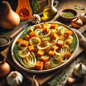 A white platter with roasted butternut squash, fennel, onion, and garlic, garnished with fresh thyme and a drizzle of olive oil, set on a wooden table with garlic and thyme in the background
