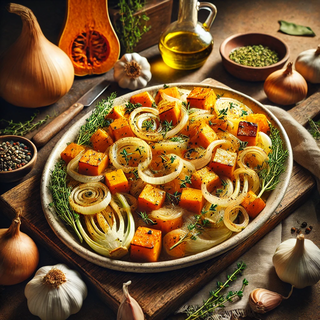 A white platter with roasted butternut squash, fennel, onion, and garlic, garnished with fresh thyme and a drizzle of olive oil, set on a wooden table with garlic and thyme in the background