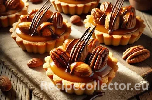 Golden tartlets filled with roasted nuts in caramel glaze, drizzled with dark chocolate, displayed on a rustic wooden table.