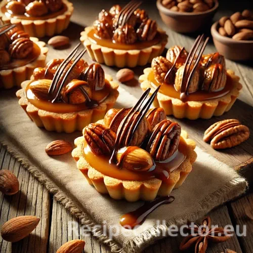 Golden tartlets filled with roasted nuts in caramel glaze, drizzled with dark chocolate, displayed on a rustic wooden table.