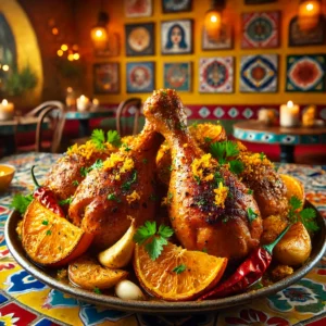 Roasted citrus turkey drumsticks with orange zest and spices, served in a vibrant Mexican-inspired setting.